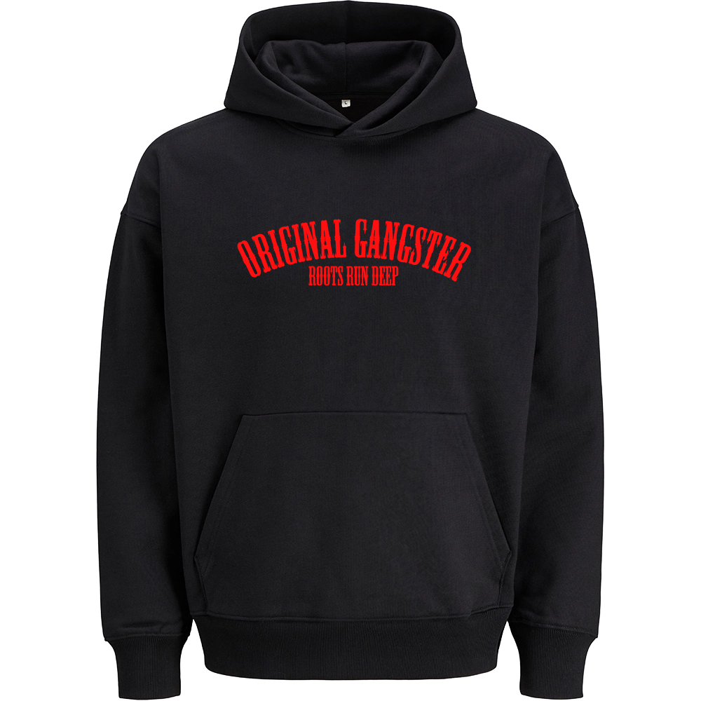 Original Gangster Ultra Heavy Bio Hoodie Unisex ohne Kordeln Schwarz mit rot Schrift