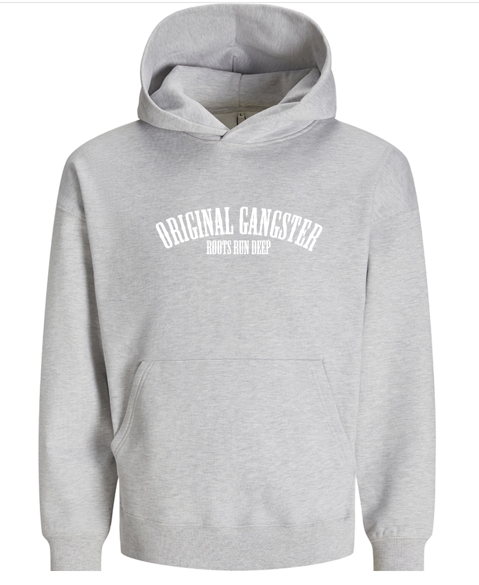 Original Gangster Ultra Heavy Bio Hoodie Unisex ohne Kordeln Grau mit weißer Schrift