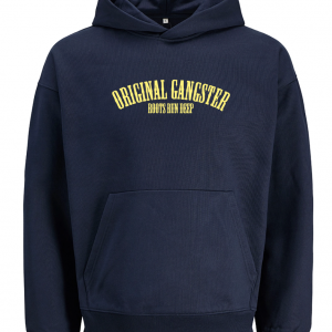 Original Gangster Ultra Heavy Bio Hoodie Unisex ohne Kordeln Blau (Navy) mit gelber Schrift
